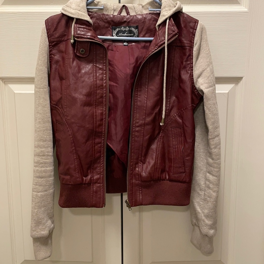 Women’s size M red faux leather jacket with hood